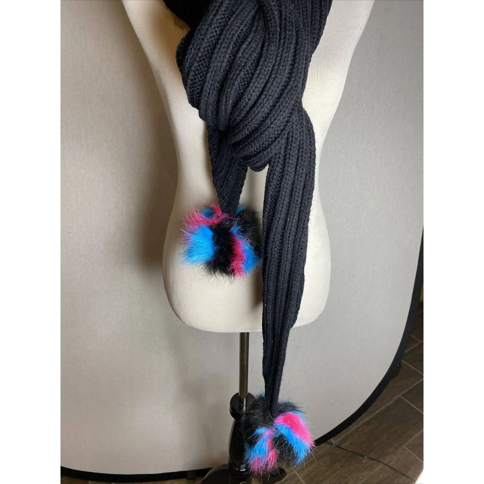 BETSEY JOHNSON TROLLS CABLE KNIT SCARF WITH POM POMS