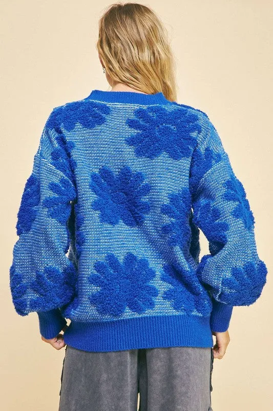 Blue Textured Flower Sweater