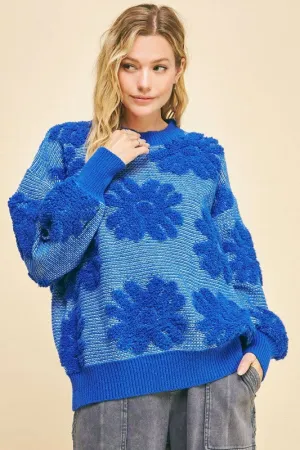 Blue Textured Flower Sweater