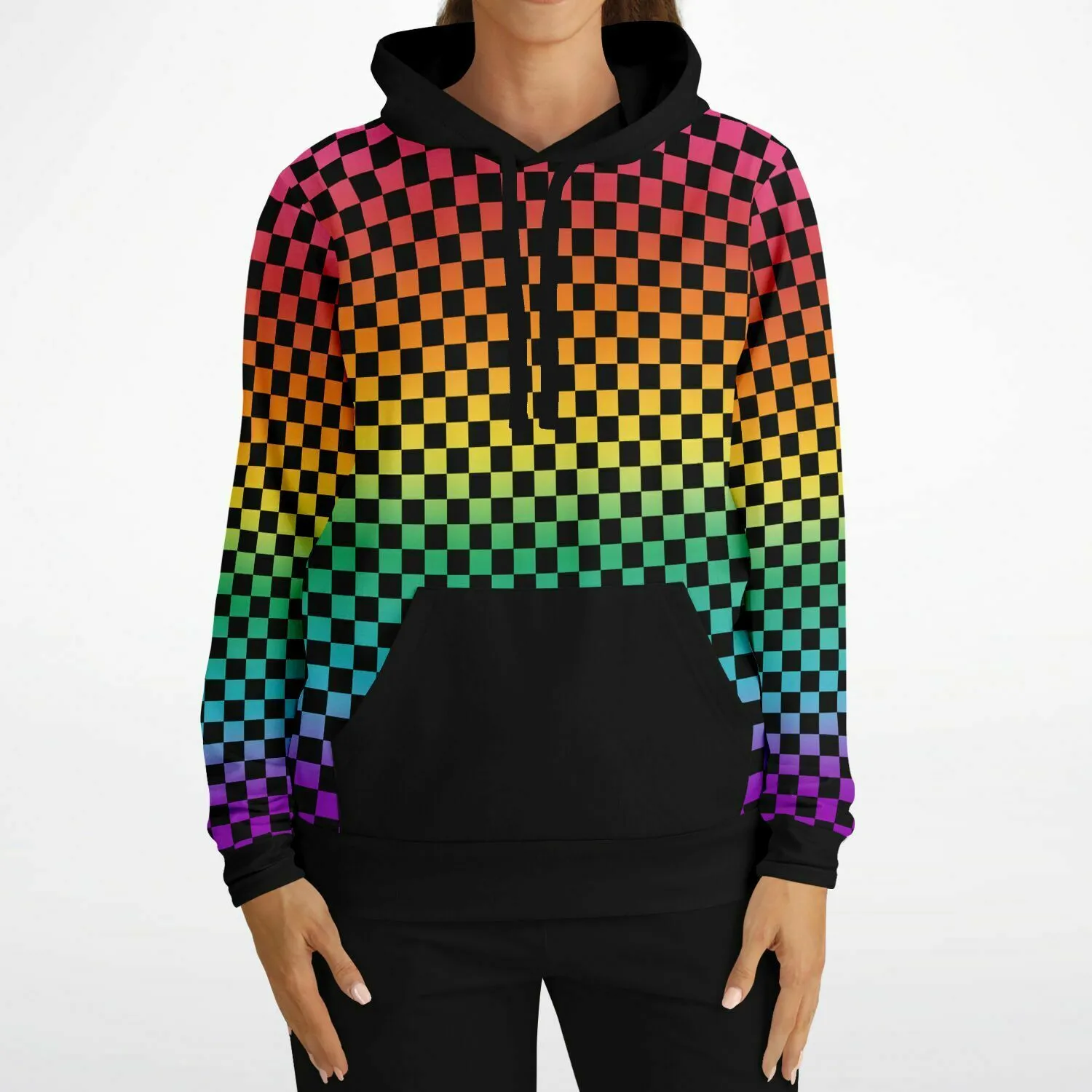 Bright Rainbow Pride Black Contrast Checkered Pullover Hoodie