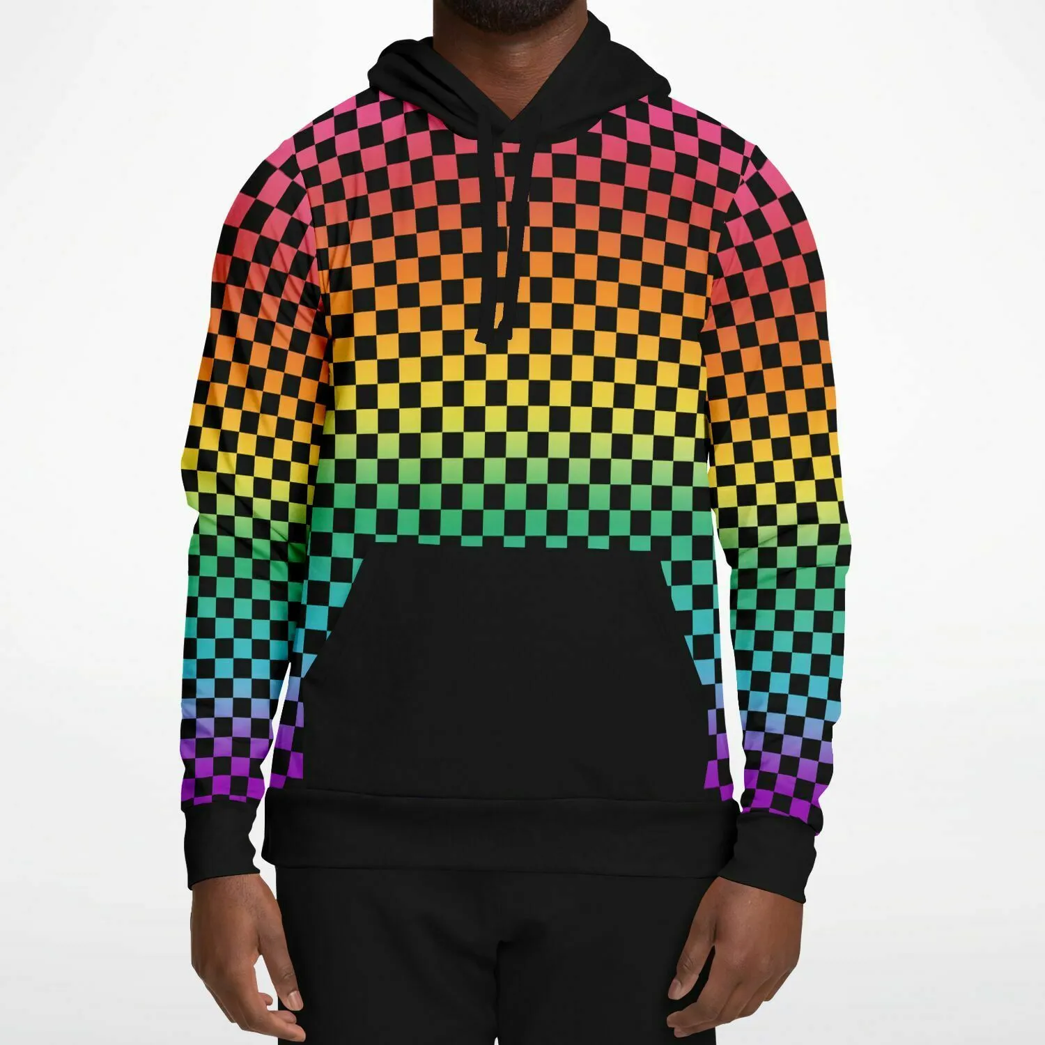 Bright Rainbow Pride Black Contrast Checkered Pullover Hoodie