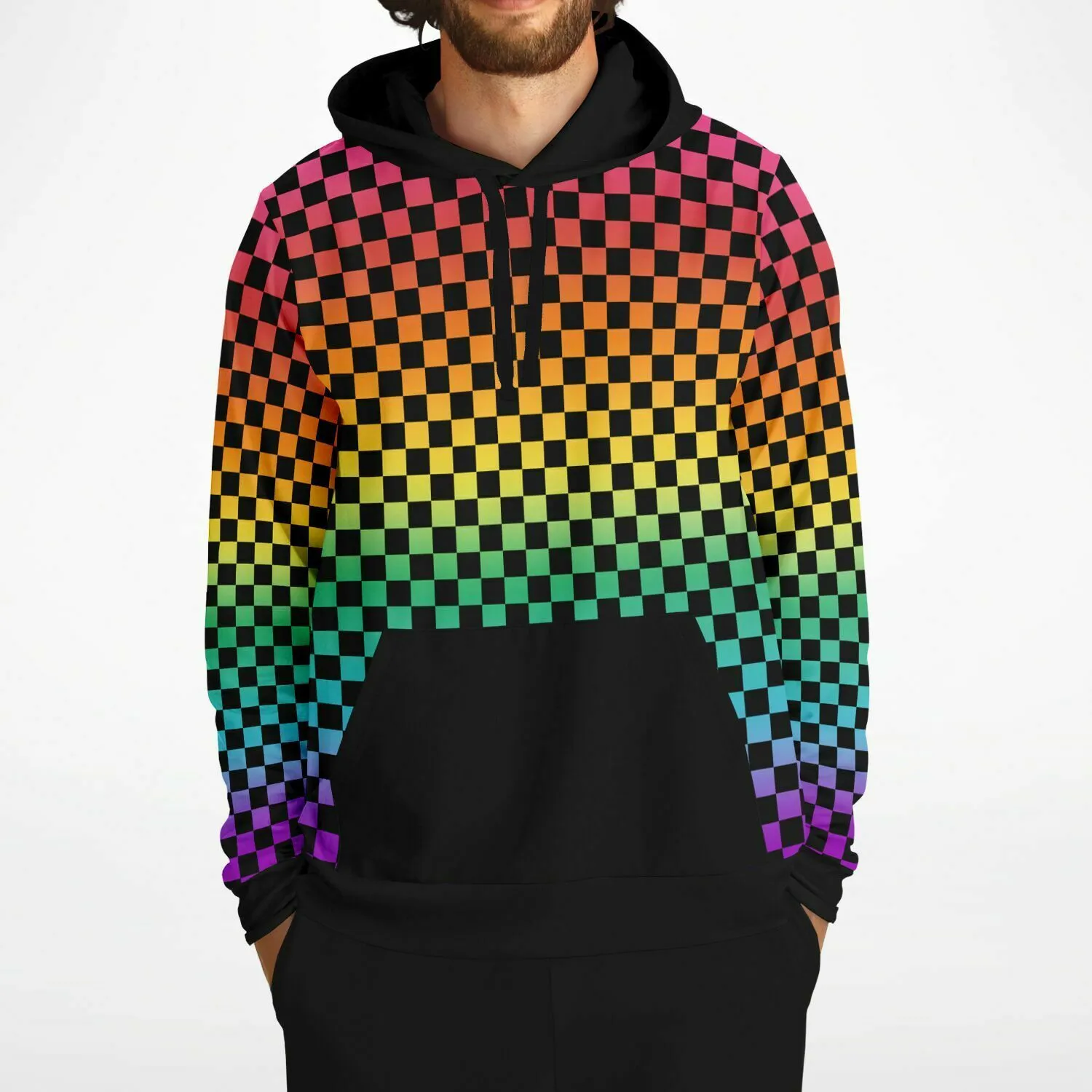 Bright Rainbow Pride Black Contrast Checkered Pullover Hoodie