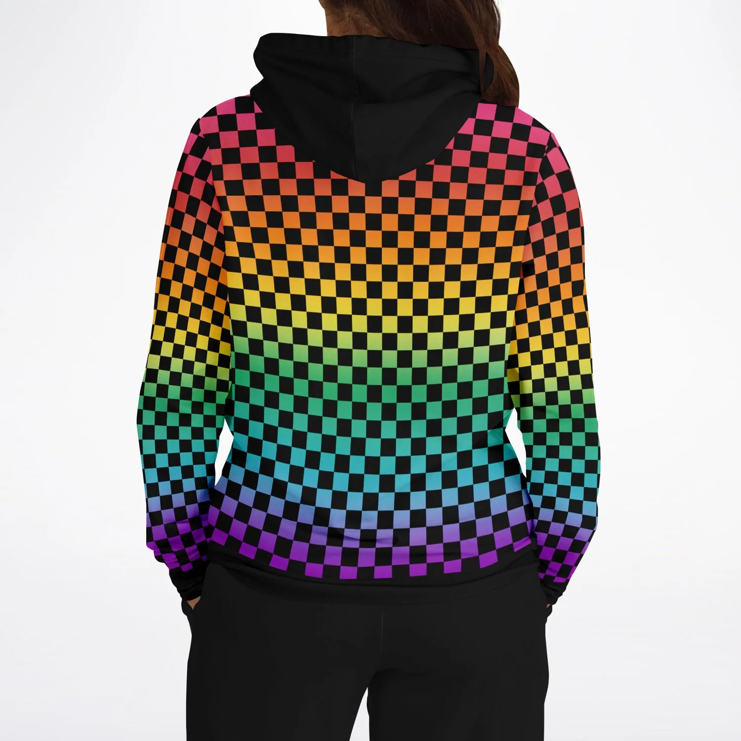 Bright Rainbow Pride Black Contrast Checkered Pullover Hoodie