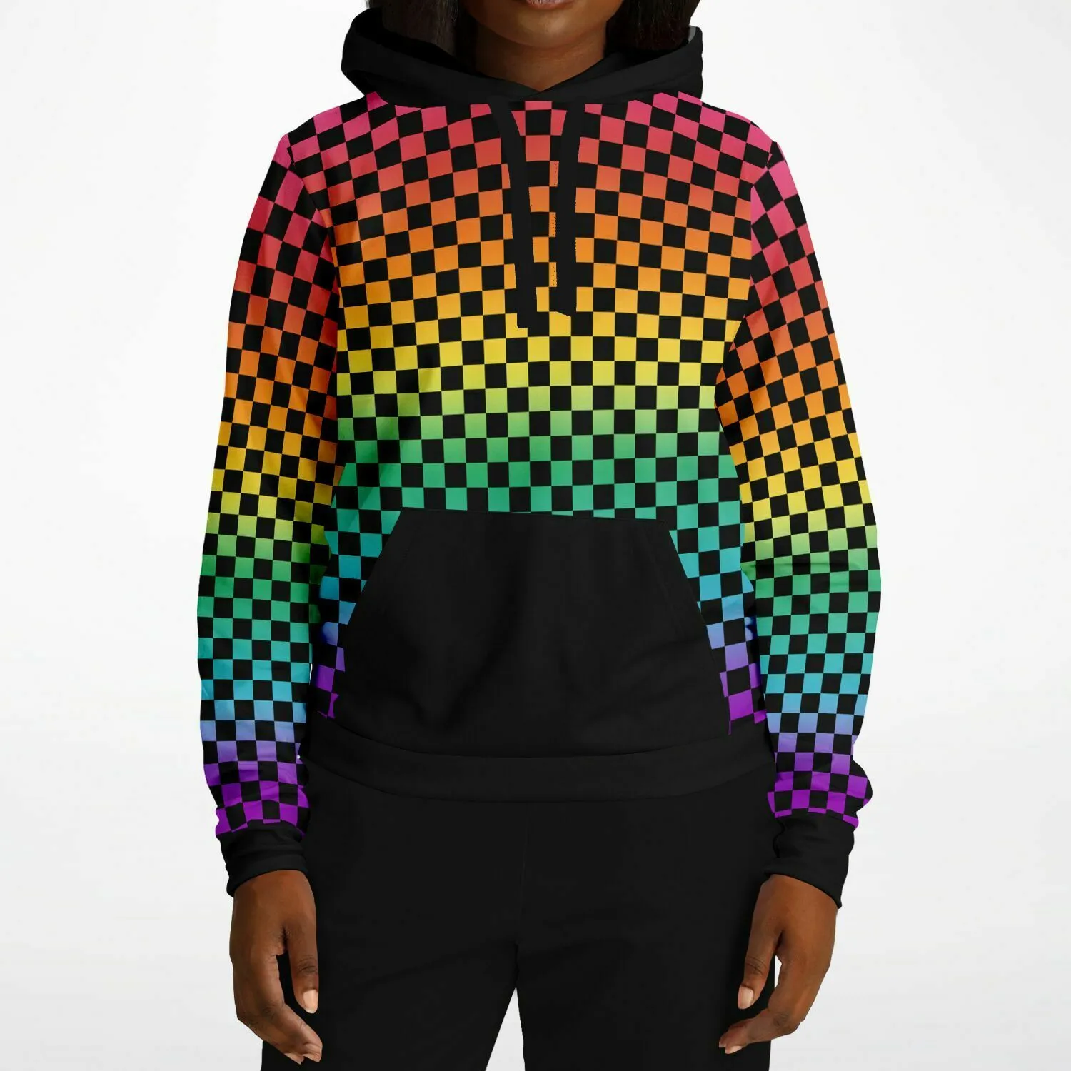 Bright Rainbow Pride Black Contrast Checkered Pullover Hoodie