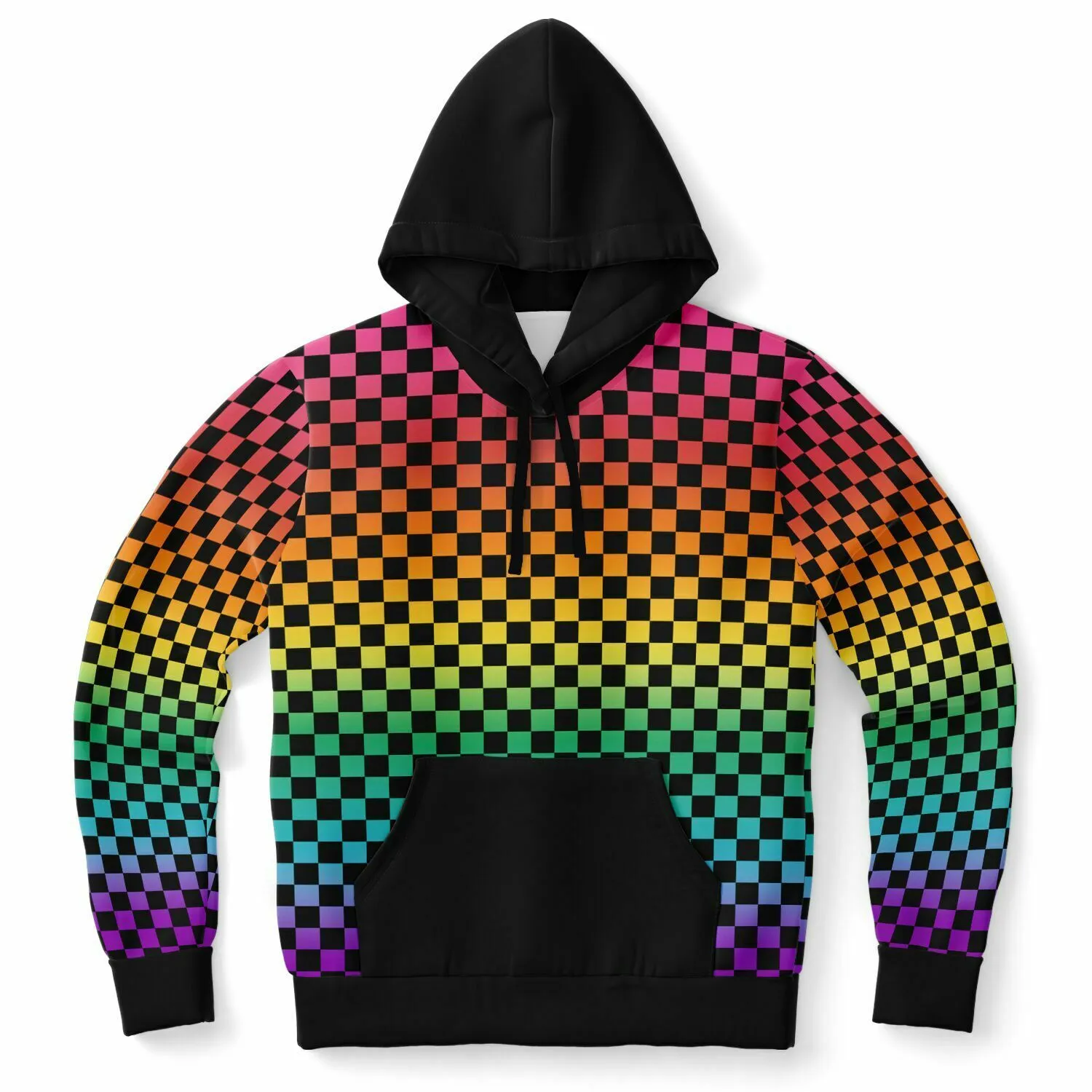 Bright Rainbow Pride Black Contrast Checkered Pullover Hoodie