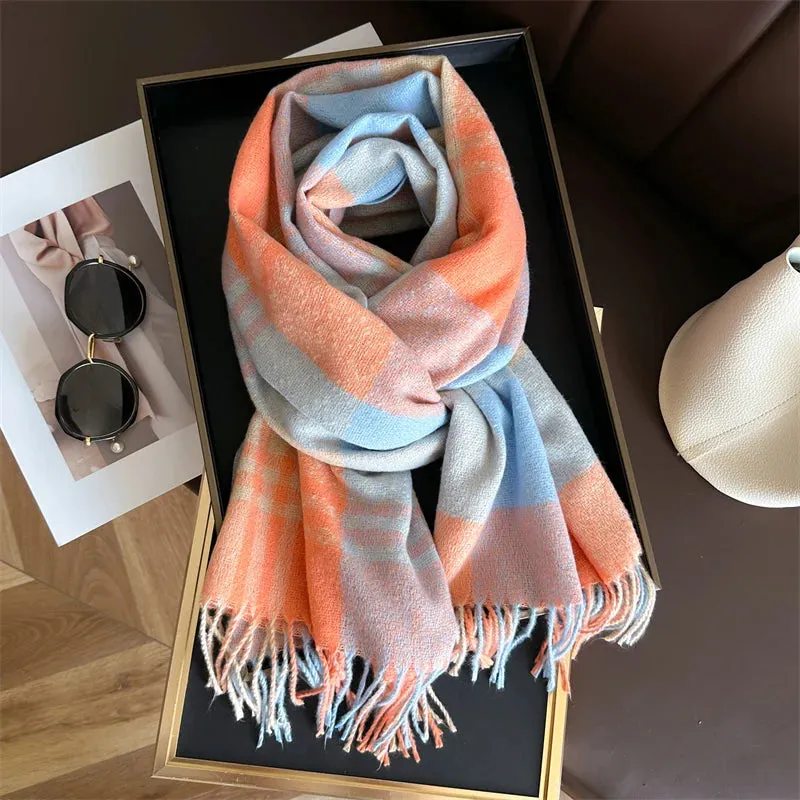 Fashion Winter Warm Colorful Cashmere Like Thick Pashmina Tassels Plaid Scarf