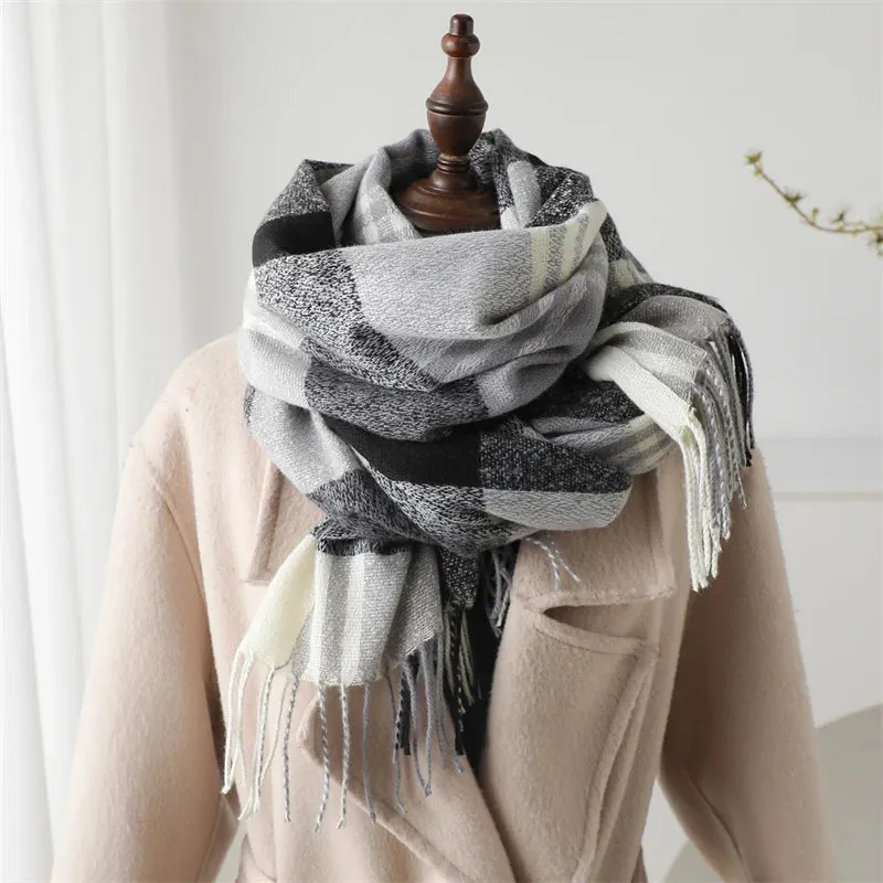 Fashion Winter Warm Colorful Cashmere Like Thick Pashmina Tassels Plaid Scarf