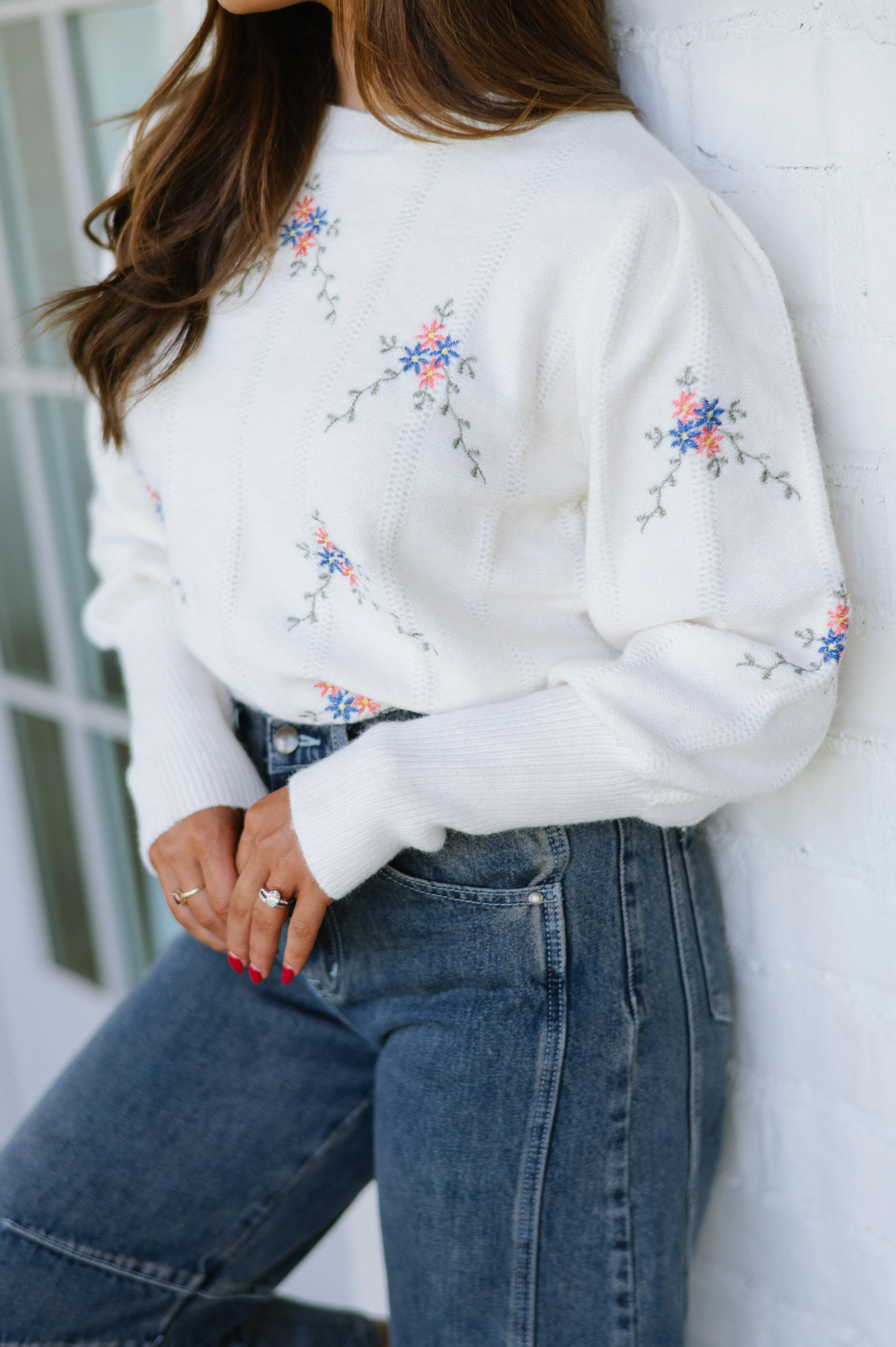 Floral Embroidered Sweater-Ivory