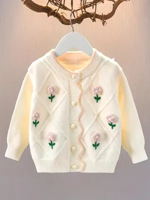 Girls' Floral Cardigan Sweater | Stylish Spring & Autumn Wool Outerwear"