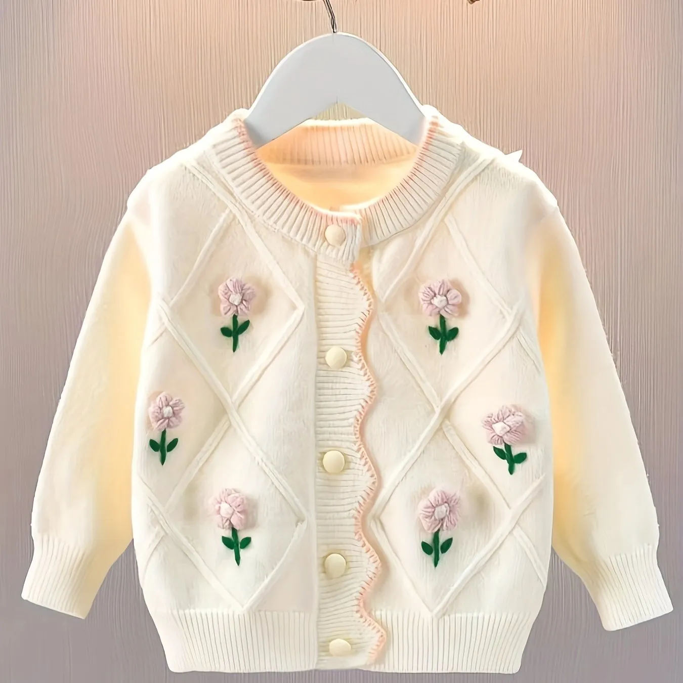 Girls' Floral Cardigan Sweater | Stylish Spring & Autumn Wool Outerwear"