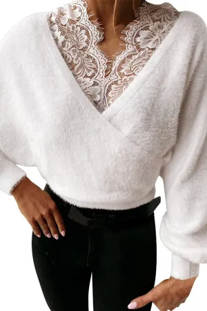 HWR1230 Lace-Trimmed Faux Wrap Sweater