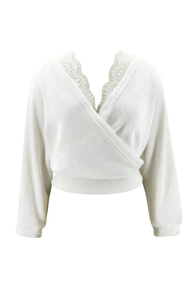 HWR1230 Lace-Trimmed Faux Wrap Sweater