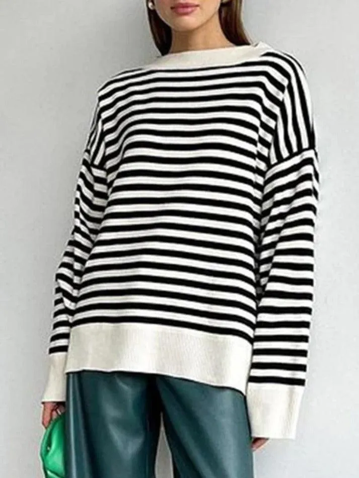 Joskaa Stripe Drop Shoulder Slit Loose Sweater