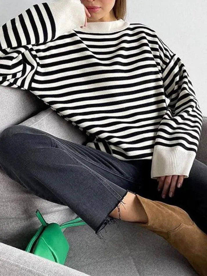 Joskaa Stripe Drop Shoulder Slit Loose Sweater