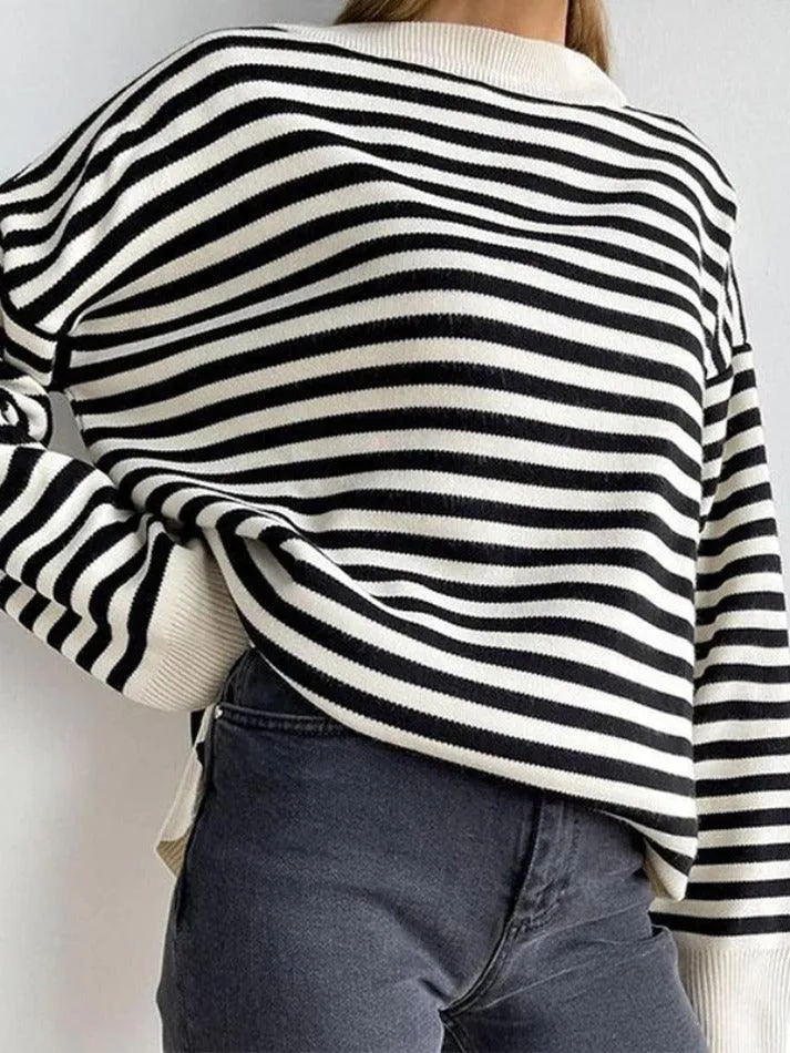 Joskaa Stripe Drop Shoulder Slit Loose Sweater