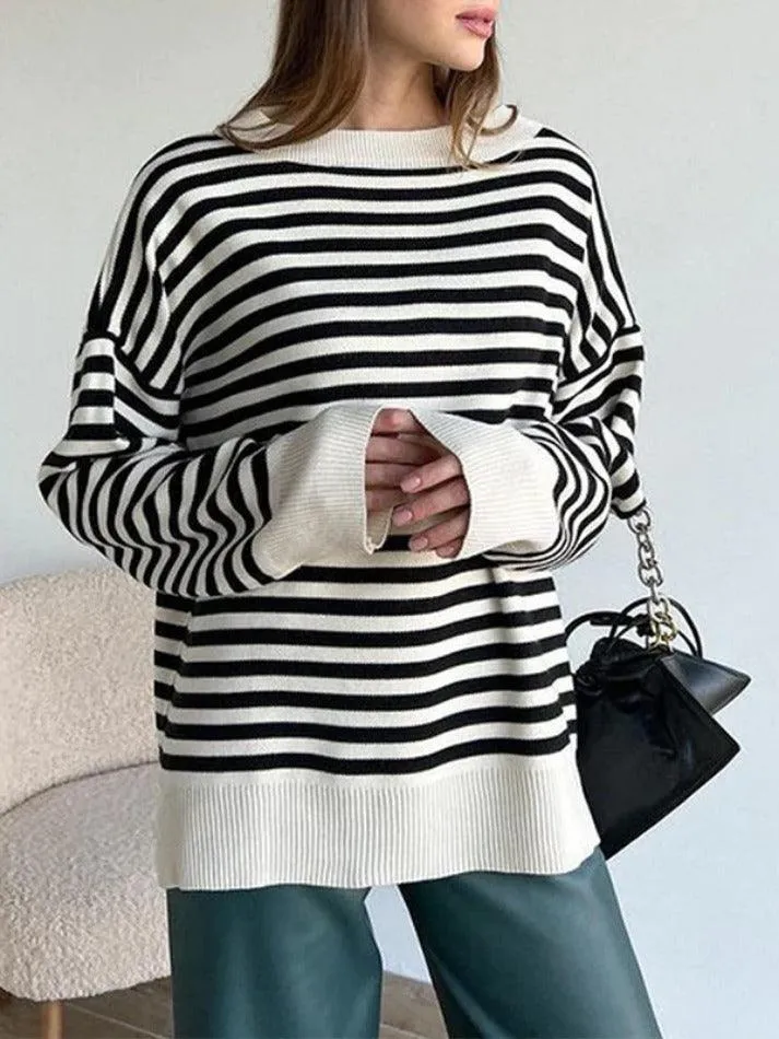 Joskaa Stripe Drop Shoulder Slit Loose Sweater