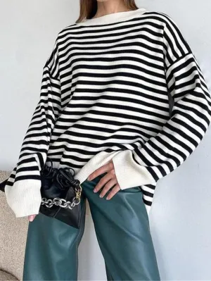 Joskaa Stripe Drop Shoulder Slit Loose Sweater