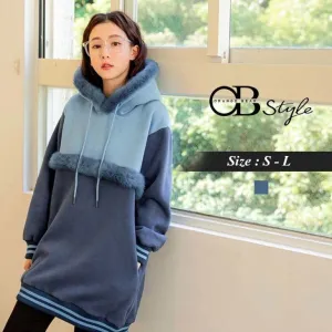 LONGLINE WOOLEN PATCHED HOODED LONG SLEEVE TOPS