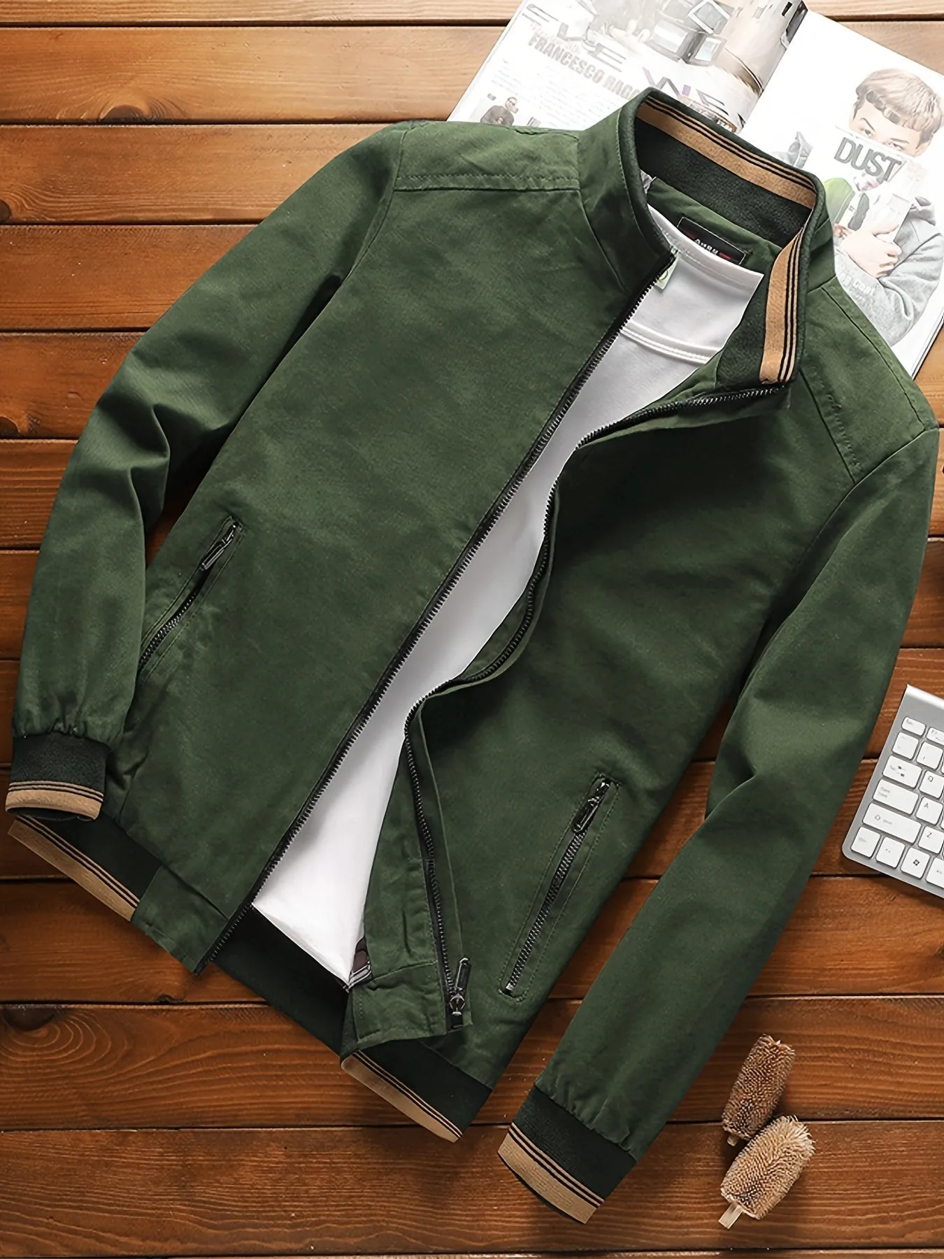 Men's Cotton Washed Jacket Business Casual Stand Collar Cargo Jackets