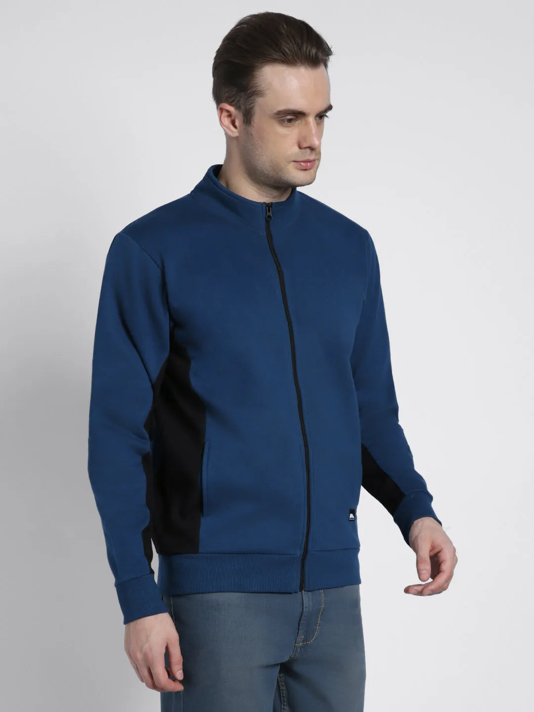 Men's Mock Neck Regular Fit Panelling Blue Sweatshirt