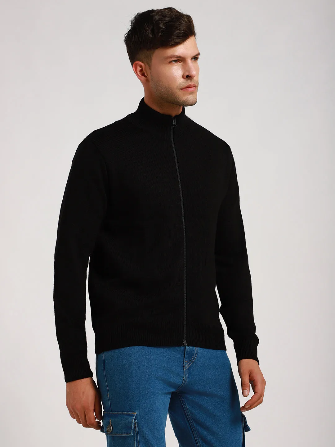 Men's Mock Neck Regular Fit Solid Black Sweater