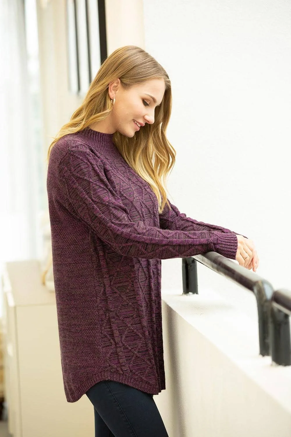 Mock Neck Long Sleeve Mélange Cable Knit Sweater