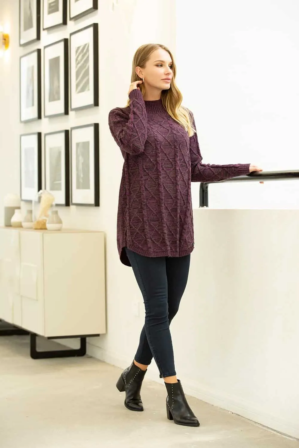 Mock Neck Long Sleeve Mélange Cable Knit Sweater