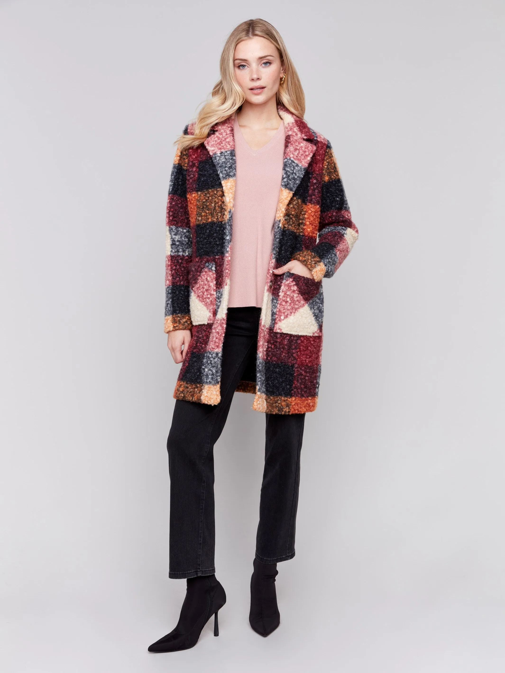 Plaid Bouclé Knit Coat - Cabernet