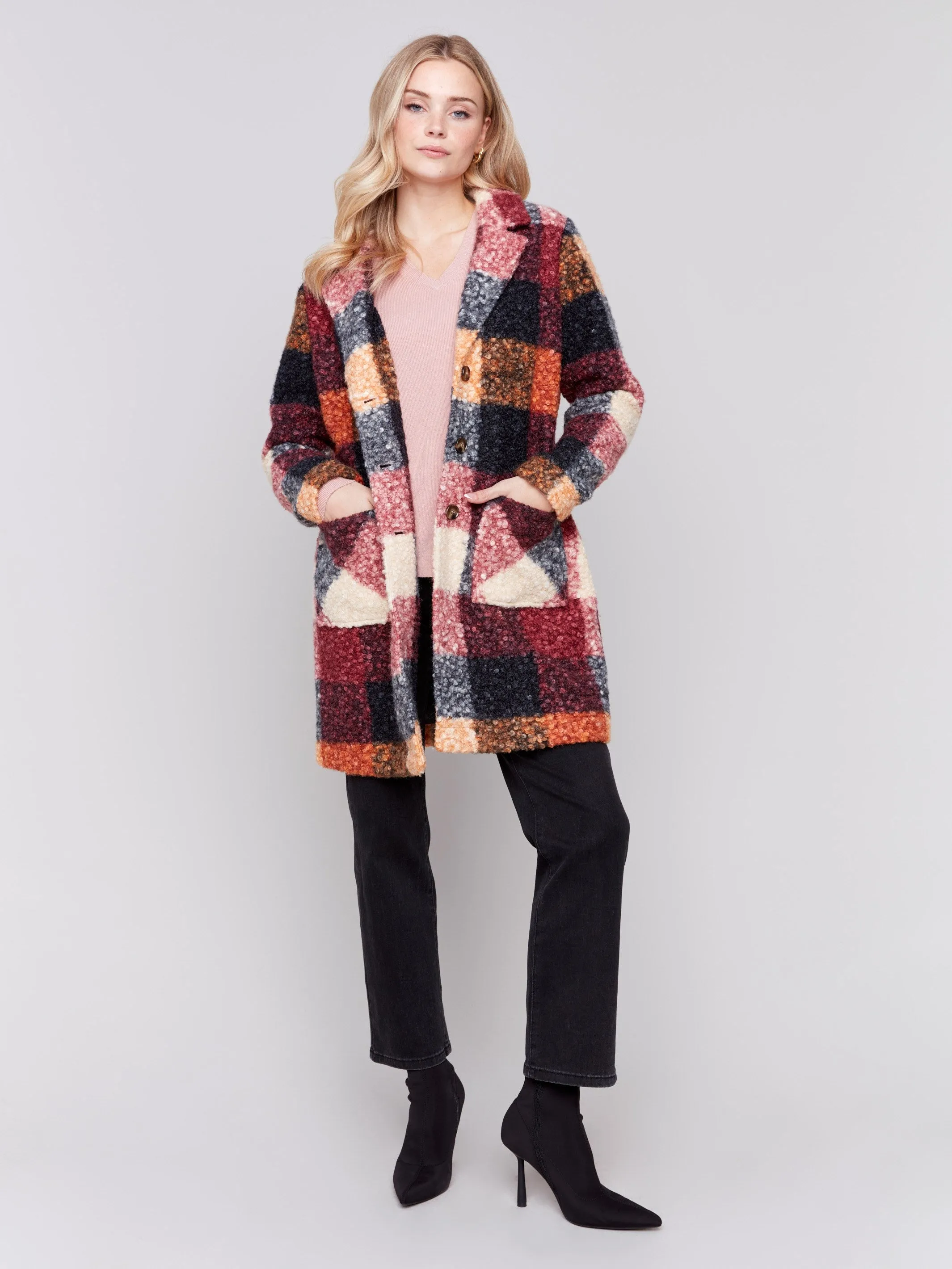 Plaid Bouclé Knit Coat - Cabernet