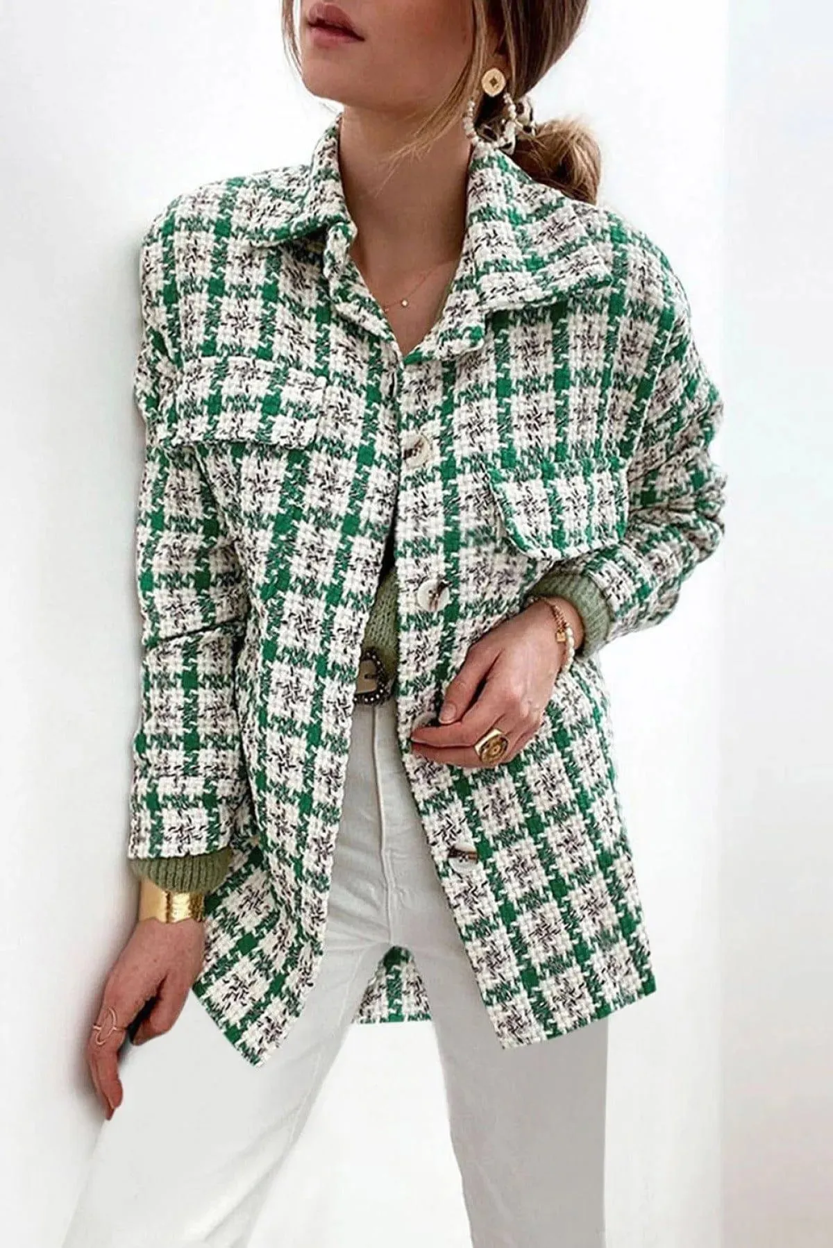 Plaid Print Button Knitted Coat With Pocket