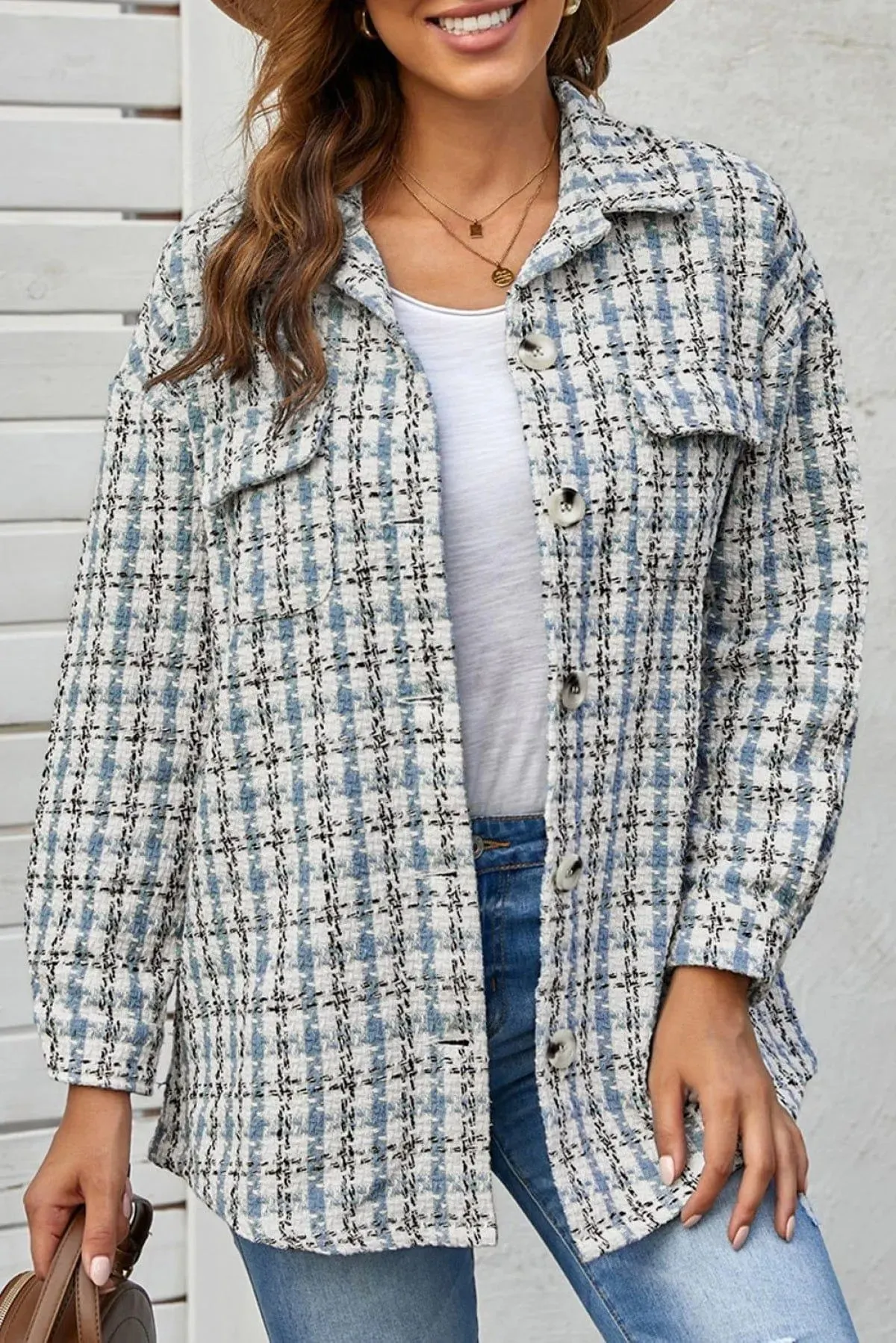 Plaid Print Button Knitted Coat With Pocket