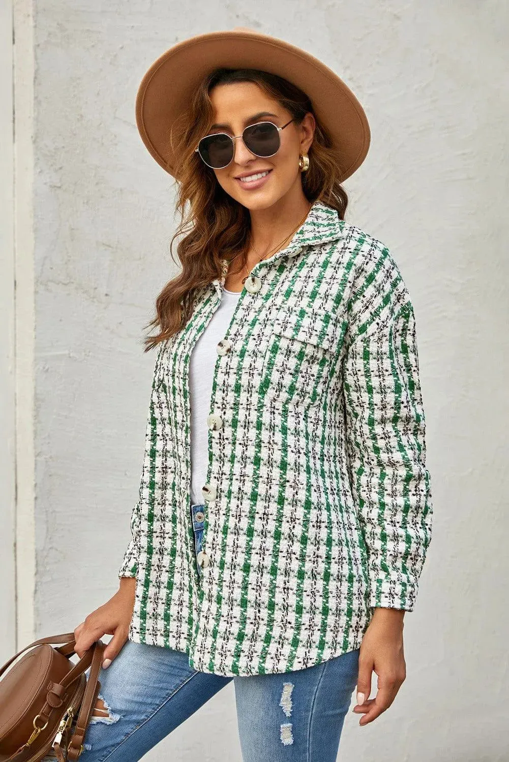 Plaid Print Button Knitted Coat With Pocket