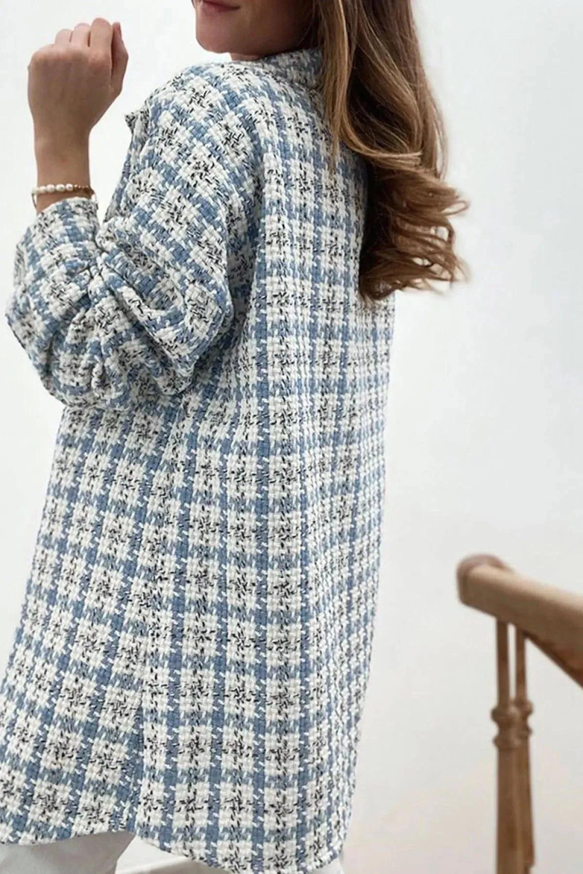 Plaid Print Button Knitted Coat With Pocket