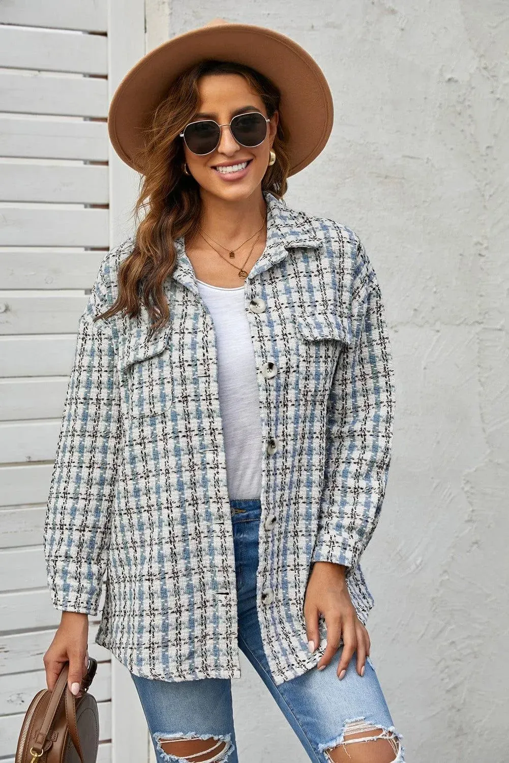 Plaid Print Button Knitted Coat With Pocket