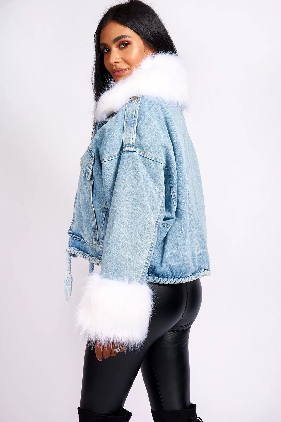 SHORT DENIM JACKET WITH WHITE FAUX FUR TRIM