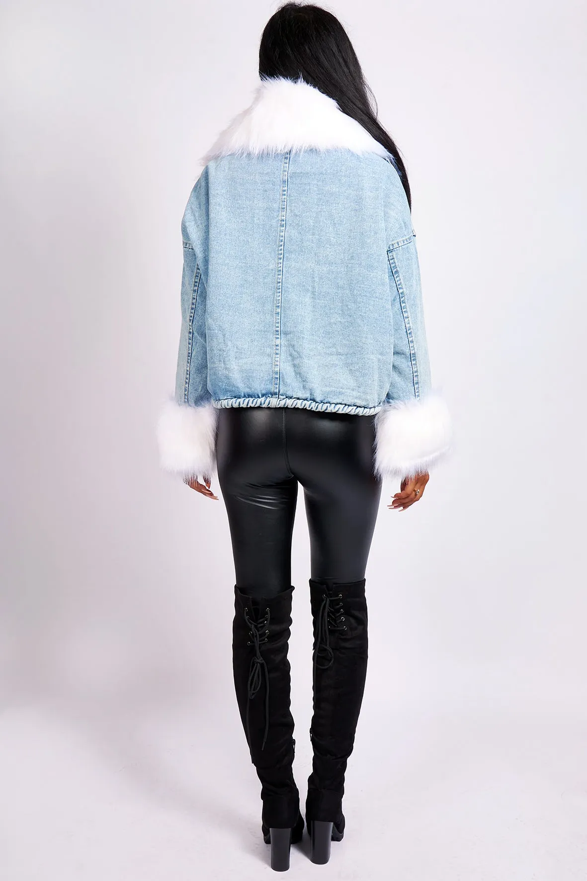 SHORT DENIM JACKET WITH WHITE FAUX FUR TRIM