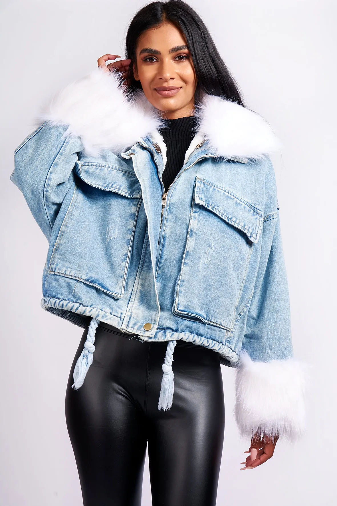 SHORT DENIM JACKET WITH WHITE FAUX FUR TRIM