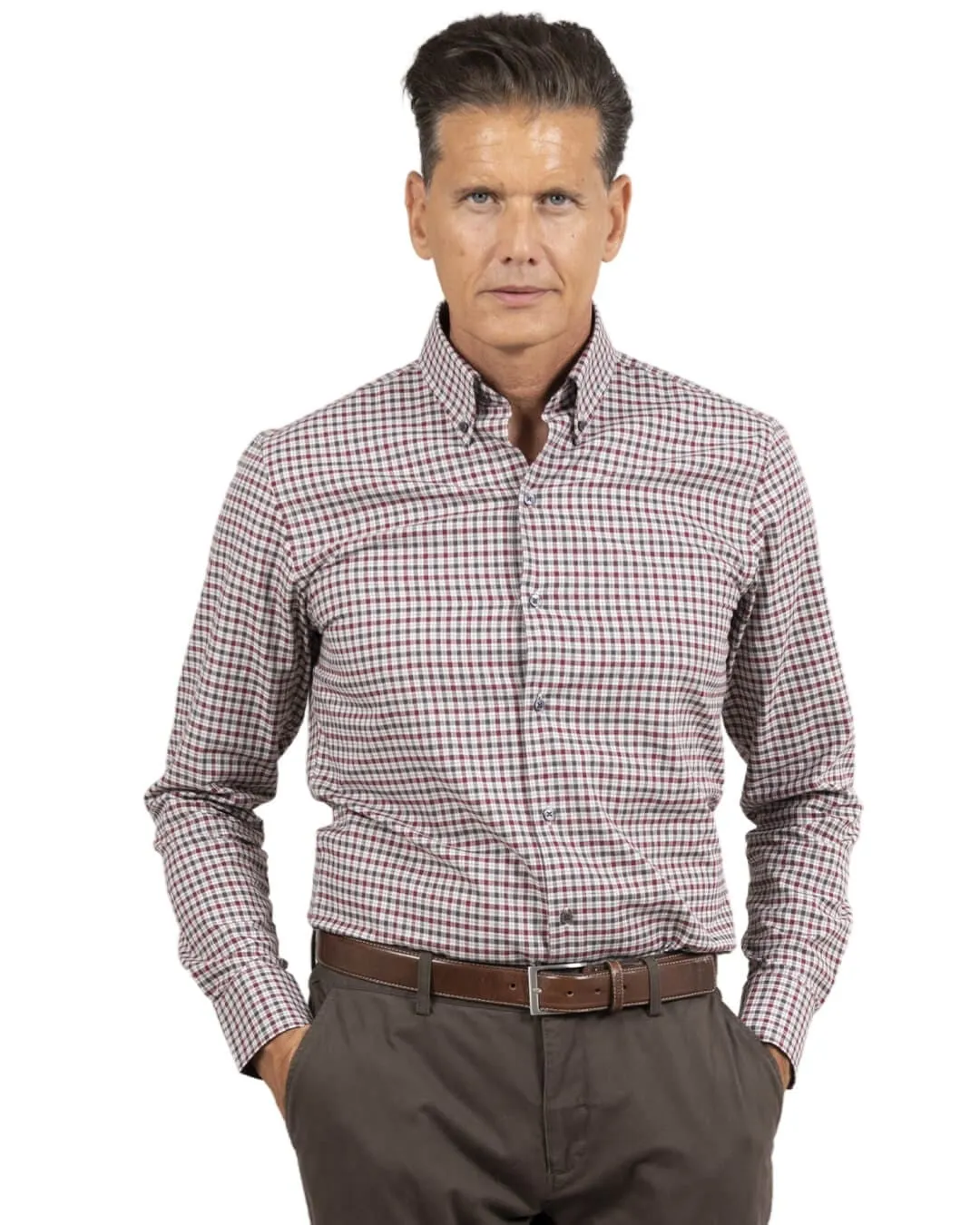 Slim Fit Grey Brushed Twill Check Button Down Shirt