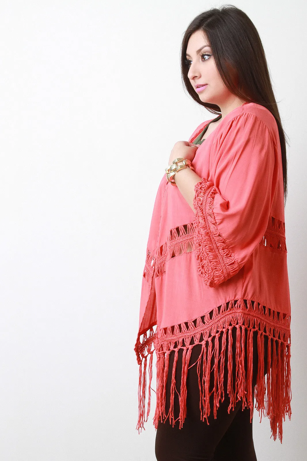 Solid Macrame Knit Fringe Kimono