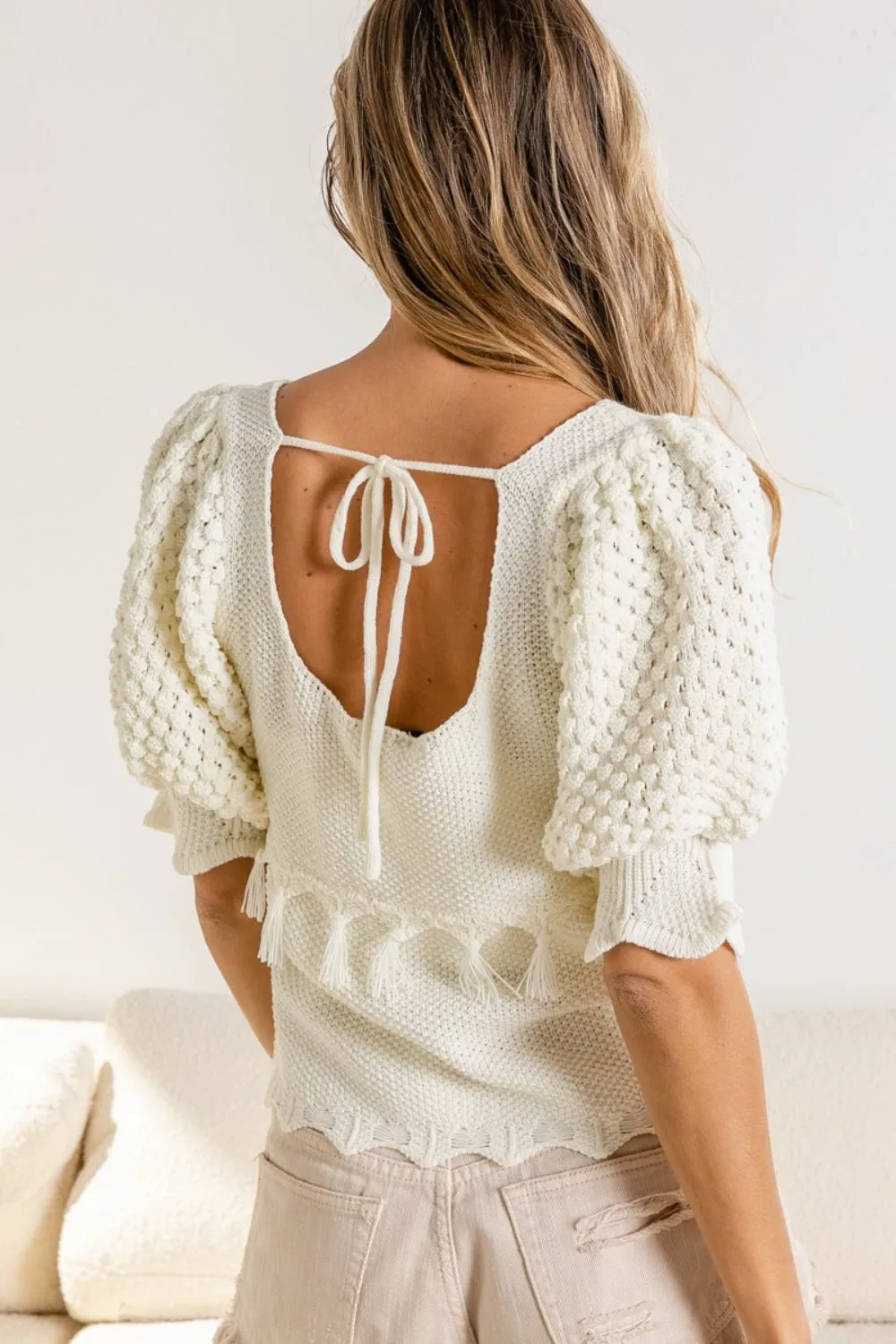 Tassel Detail Textured Square Neck Sweater