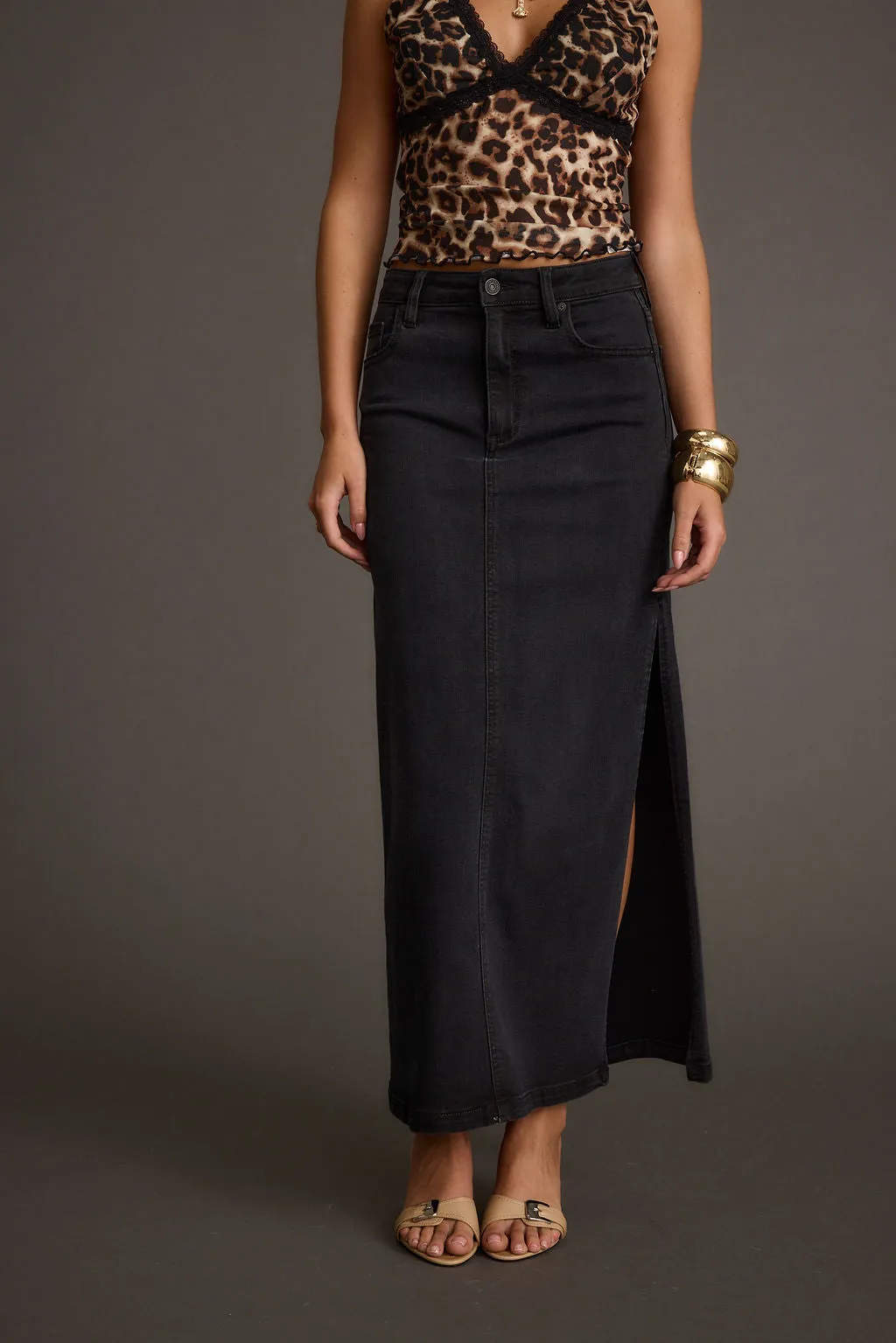 Wilder Black Stretch Denim Maxi Skirt