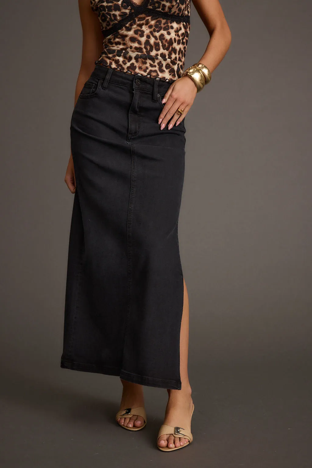 Wilder Black Stretch Denim Maxi Skirt