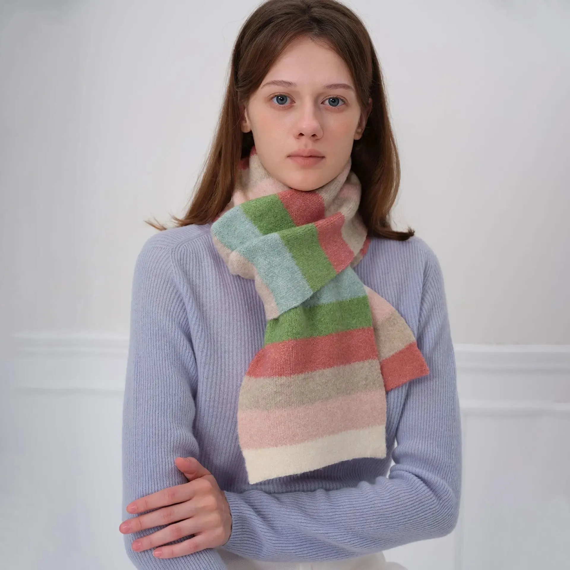 Winter Cashmere Shawl Women Colorful Striped Neck Scarf