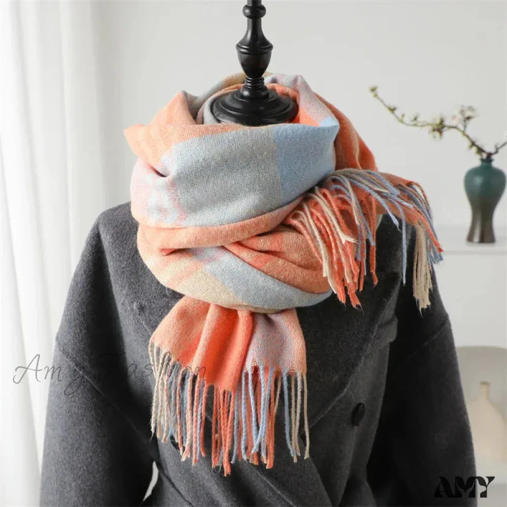 Winter Warm Colorful Cashmere Like Thick Pashmina Tassels Plaid Scarf