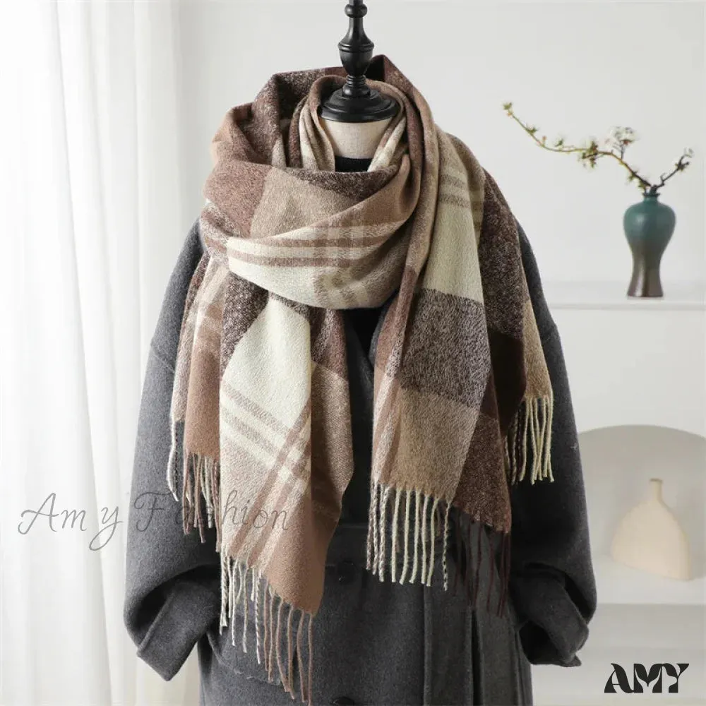 Winter Warm Colorful Cashmere Like Thick Pashmina Tassels Plaid Scarf