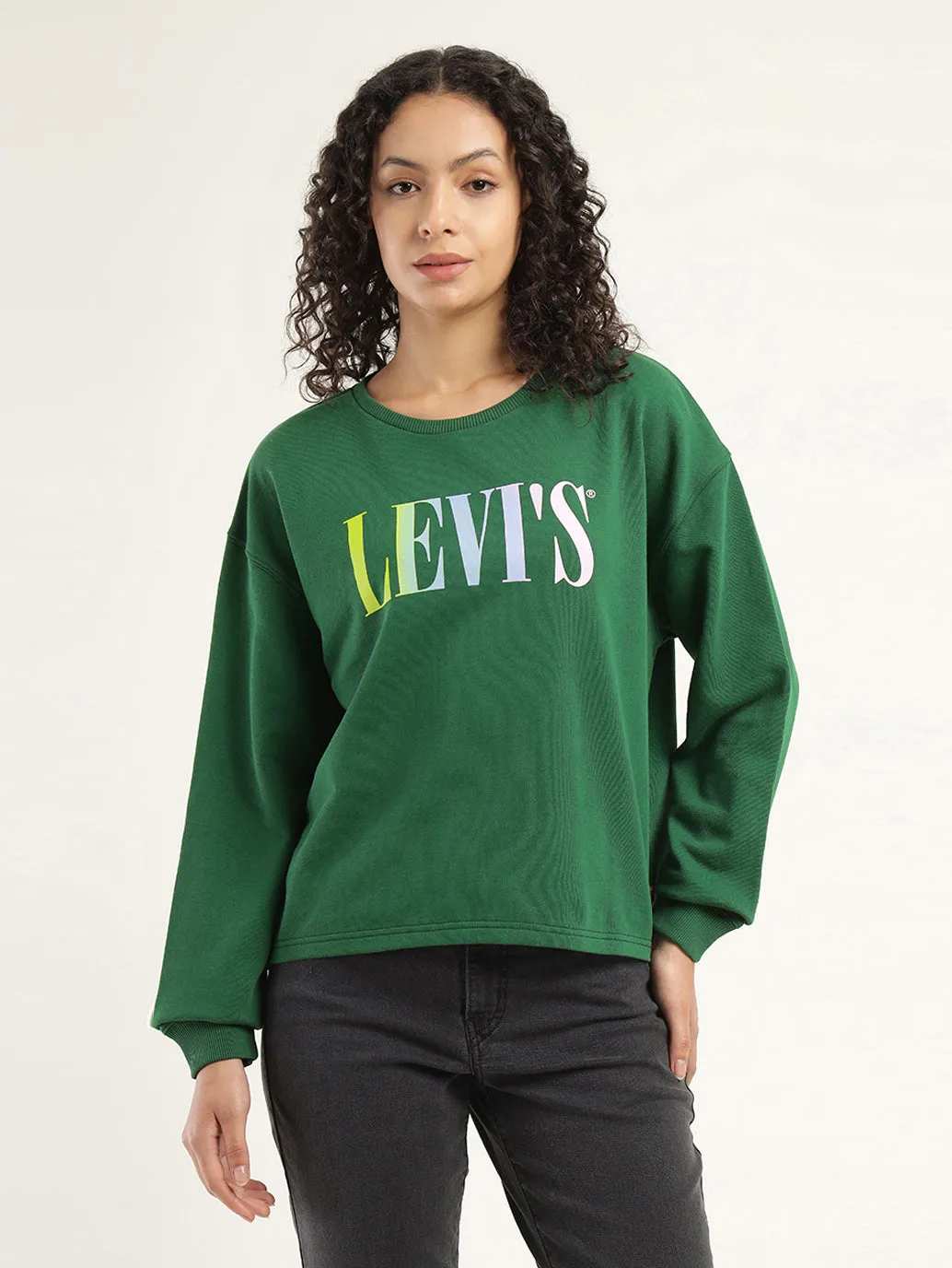 Women's Solid Dark Green Crew Neck Sweatshirt