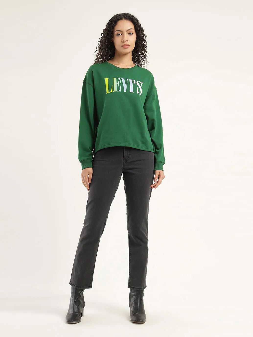 Women's Solid Dark Green Crew Neck Sweatshirt