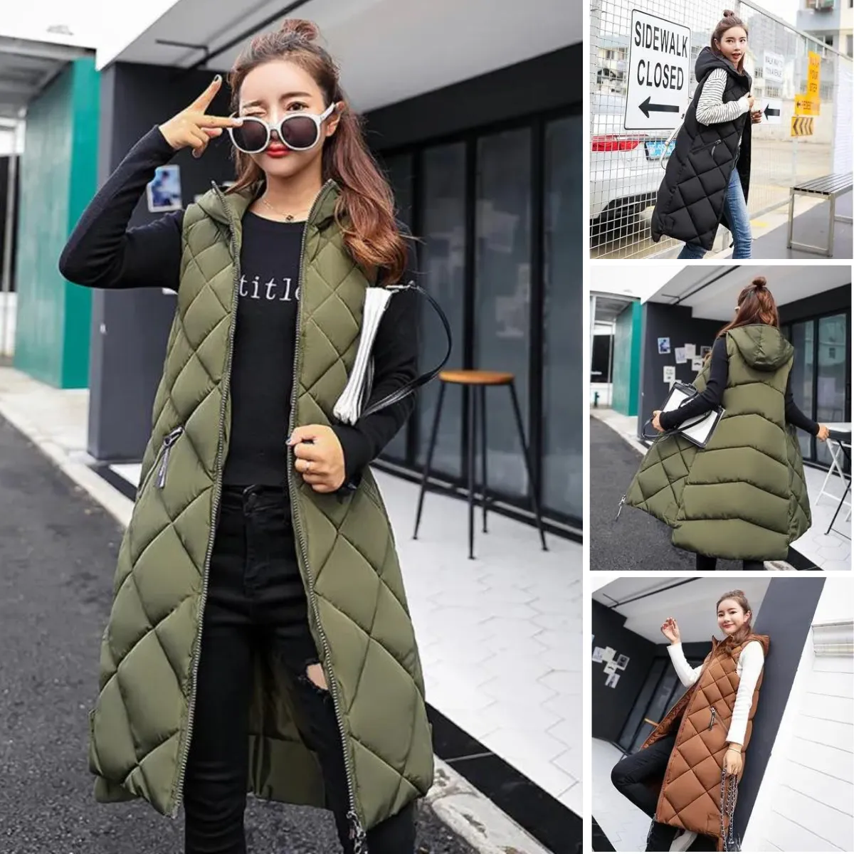 Women's Vintage Long Sleeveless Down Vest with Hood and Zipper | Ideal for Autumn/Winter